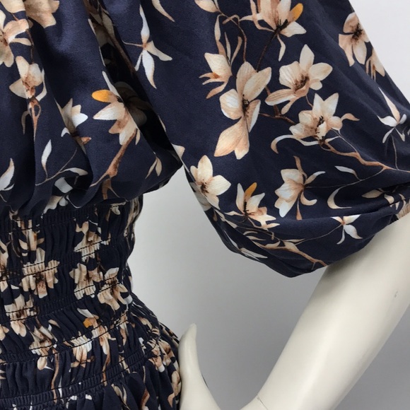 Large Navy Blue Floral Dress with Smocked Waist - Picture 7 of 10